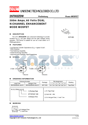 2N7002ZDW datasheet - 300m Amps, 60 Volts DUAL N-CHANNEL ENHANCEMENT MODE MOSFET