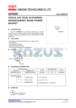 2N7002ZT_12 datasheet - 300mA, 60V DUAL N-CHANNEL ENHANCEMENT MODE POWER MOSFET