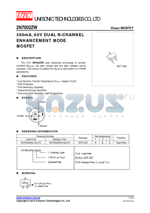 2N7002ZW datasheet - 300mA, 60V DUAL N-CHANNEL ENHANCEMENT MODE MOSFET