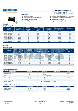 AM3G-1205D-NZ datasheet - 3 Watt, DC-DC Converter