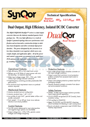 DQ63318QMA04NNS datasheet - Dual Output, High Efficiency, Isolated DC/DC Converter