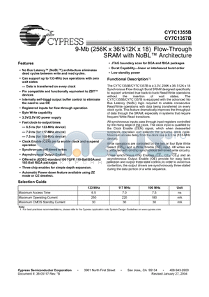 CY7C1357B-133AI datasheet - 9-Mb (256K x 36/512K x 18) Flow-Through SRAM with NoBL Architecture