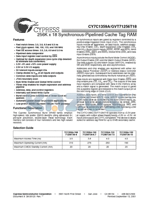 CY7C1359A datasheet - 256K x 18 Synchronous-Pipelined Cache Tag RAM