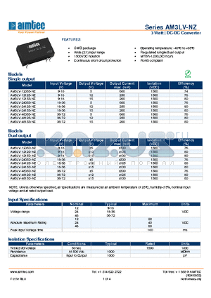 AM3LV-1205S-NZ datasheet - 3 Watt | DC-DC Converter