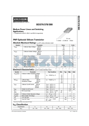 BD378 datasheet - Medium Power Linear and Switching Applications