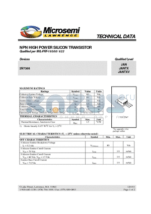 2N7368JANTXV datasheet - NPN HIGH POWER SILICON TRANSISTOR