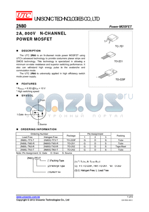 2N80G-TM3-R datasheet - 2A, 800V N-CHANNEL POWER MOSFET