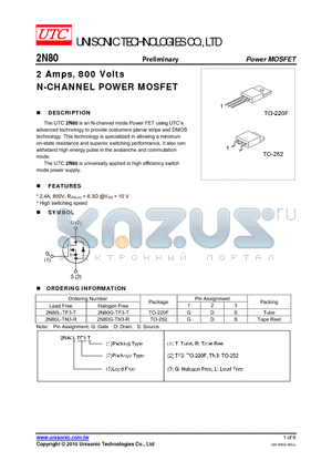 2N80L-TF3-T datasheet - 2 Amps, 800 Volts N-CHANNEL POWER MOSFET