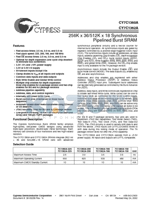 CY7C1360A-166BGI datasheet - 256K x 36/512K x 18 Synchronous Pipelined Burst SRAM