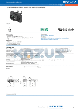 0720-FP datasheet - IEC Appliance Inlet C8, Screw-on Mounting, Rear Side, PCB-/Solder Terminal