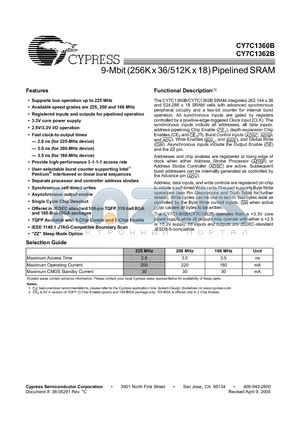 CY7C1360B-166BGI datasheet - 9-Mbit (256K x 36/512K x 18) Pipelined SRAM