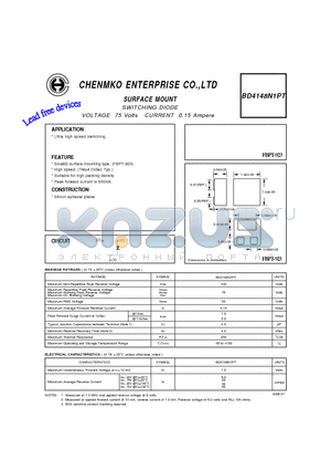 BD4148N1PT datasheet - SWITCHING DIODE VOLTAGE 75 Volts CURRENT 0.15 Ampere