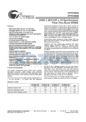 CY7C1361A-100AJC datasheet - 256K x 36/512K x 18 Synchronous Flow-Thru Burst SRAM