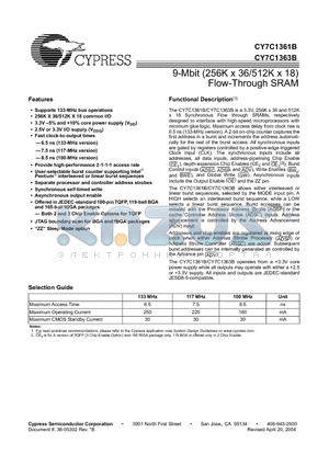 CY7C1361B-133AJC datasheet - 9-Mbit (256K x 36/512K x 18) Flow-Through SRAM