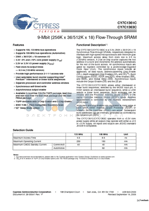 CY7C1361C-100AJXC datasheet - 9-Mbit (256K x 36/512K x 18) Flow-Through SRAM