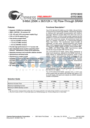CY7C1361C-100BZI datasheet - 9-Mbit (256K x 36/512K x 18) Flow-Through SRAM