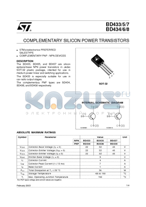 BD434 datasheet - COMPLEMENTARY SILICON POWER TRANSISTORS