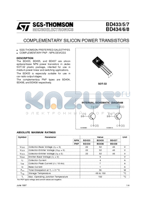 BD435 datasheet - COMPLEMENTARY SILICON POWER TRANSISTORS