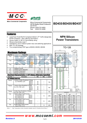 BD435 datasheet - NPN Silicon Power Transistors