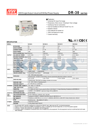 DR-30-5 datasheet - 30W Single Output Industrial DIN Rail Power Supply