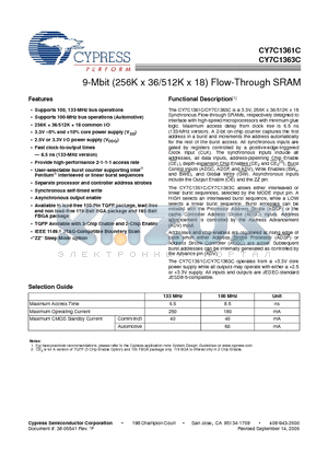 CY7C1361C-133BZXC datasheet - 9-Mbit (256K x 36/512K x 18) Flow-Through SRAM