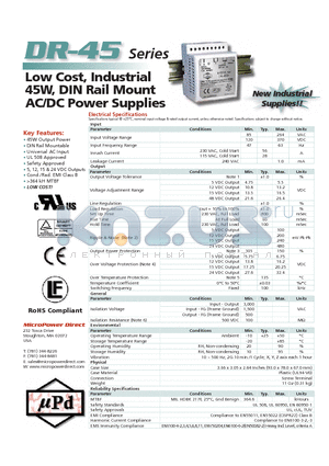 DR-45-24 datasheet - Low Cost, Industrial 45W, DIN Rail Mount AC/DC Power Supplies