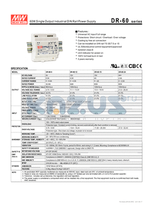 DR-60-12 datasheet - 60W Single Output Industrial DIN Rail Power Supply