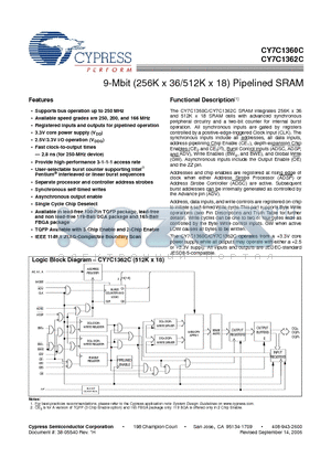 CY7C1362C datasheet - 9-Mbit (256K x 36/512K x 18) Pipelined SRAM