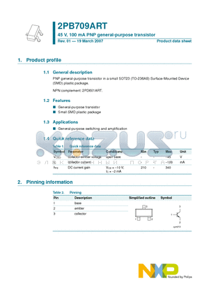 2PB709ART datasheet - 45 V, 100 mA PNP general-purpose transistor