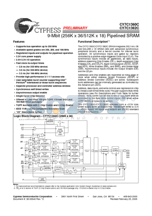 CY7C1362C-200BGC datasheet - 9-Mbit (256K x 36/512K x 18) Pipelined SRAM