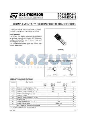 BD441 datasheet - COMPLEMENTARY SILICON POWER TRANSISTORS