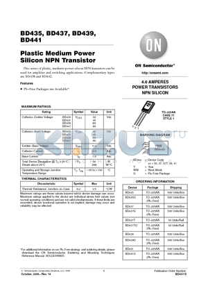 BD441 datasheet - Plastic Medium Power Silicon NPN Transistor