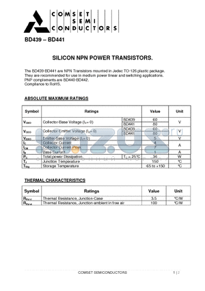 BD441 datasheet - SILICON NPN POWER TRANSISTORS