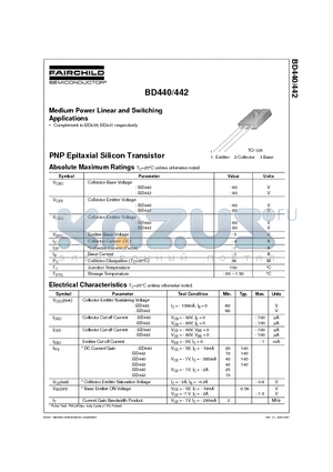 BD442 datasheet - Medium Power Linear and Switching Applications