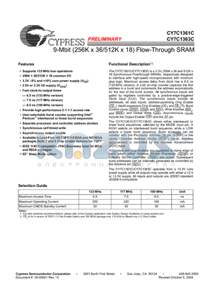 CY7C1363C-117BZC datasheet - 9-Mbit (256K x 36/512K x 18) Flow-Through SRAM