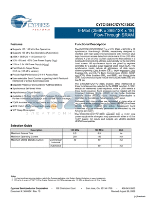 CY7C1363C-133AXC datasheet - 9-Mbit (256K x 36/512K x 18) Flow-Through SRAM