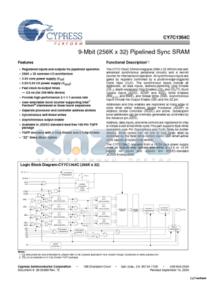 CY7C1364C-250AJXC datasheet - 9-Mbit (256K x 32) Pipelined Sync SRAM