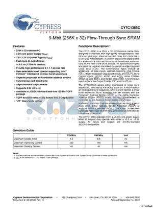 CY7C1365C datasheet - 9-Mbit (256K x 32) Flow-Through Sync SRAM