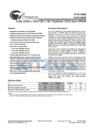 CY7C1366B-166BGC datasheet - 9-Mb (256K x 36/512K x 18) Pipelined DCD Sync SRAM