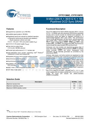 CY7C1366C-166AXC datasheet - 9-Mbit (256 K  36/512 K  18) Pipelined DCD Sync SRAM