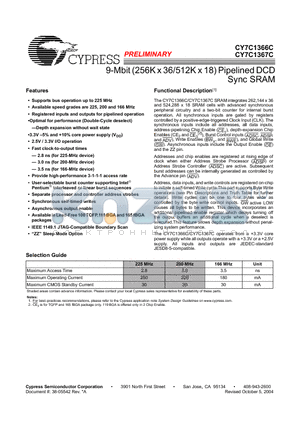 CY7C1366C-166BZI datasheet - 9-Mbit (256K x 36/512K x 18) Pipelined DCD Sync SRAM