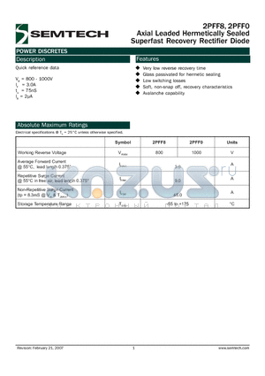 2PFF0 datasheet - Axial Leaded Hermetically Sealed Superfast Recovery Rectifier Diode