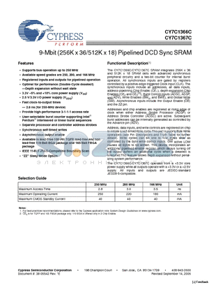 CY7C1367C-250BGC datasheet - 9-Mbit (256K x 36/512K x 18) Pipelined DCD Sync SRAM
