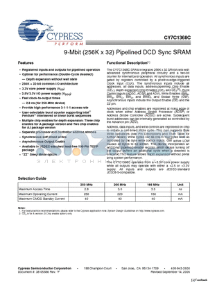 CY7C1368C datasheet - 9-Mbit (256K x 32) Pipelined DCD Sync SRAM