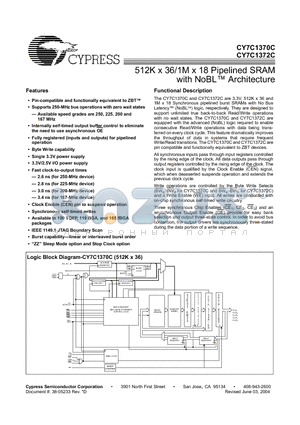 CY7C1370C-167AC datasheet - 512K x 36/1M x 18 Pipelined SRAM with NoBL Architecture