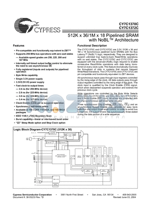 CY7C1370C-200BGC datasheet - 512K x 36/1M x 18 Pipelined SRAM with NoBL Architecture