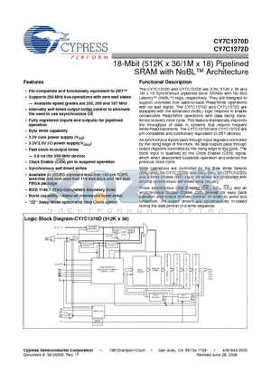 CY7C1370D-167AXC datasheet - 18-Mbit (512K x 36/1M x 18) Pipelined SRAM with NoBL Architecture