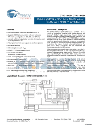 CY7C1370D-167AXI datasheet - 18-Mbit (512 K x 36/1 M x 18) Pipelined SRAM with NoBL Architecture