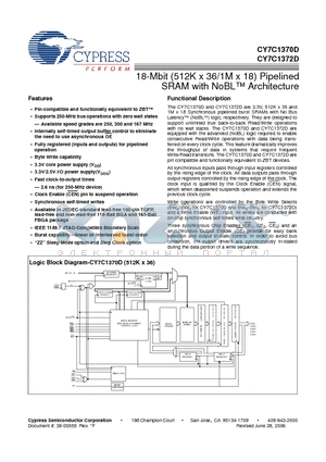 CY7C1370D-167BZC datasheet - 18-Mbit (512K x 36/1M x 18) Pipelined SRAM with NoBL Architecture