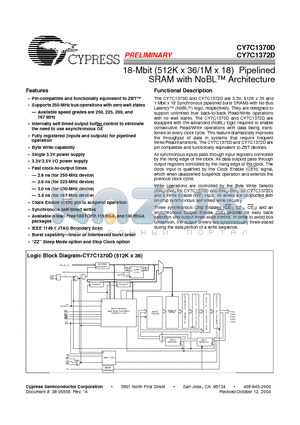 CY7C1370D-167BZI datasheet - 18-Mbit (512K X 36/1M X 18) Pipelined SRAM with NoBL Architecture